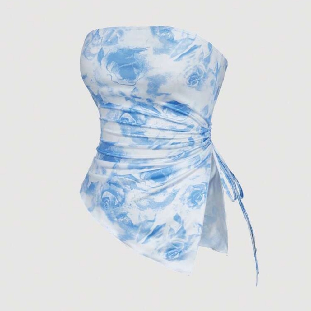 Blue and White Strapless Top